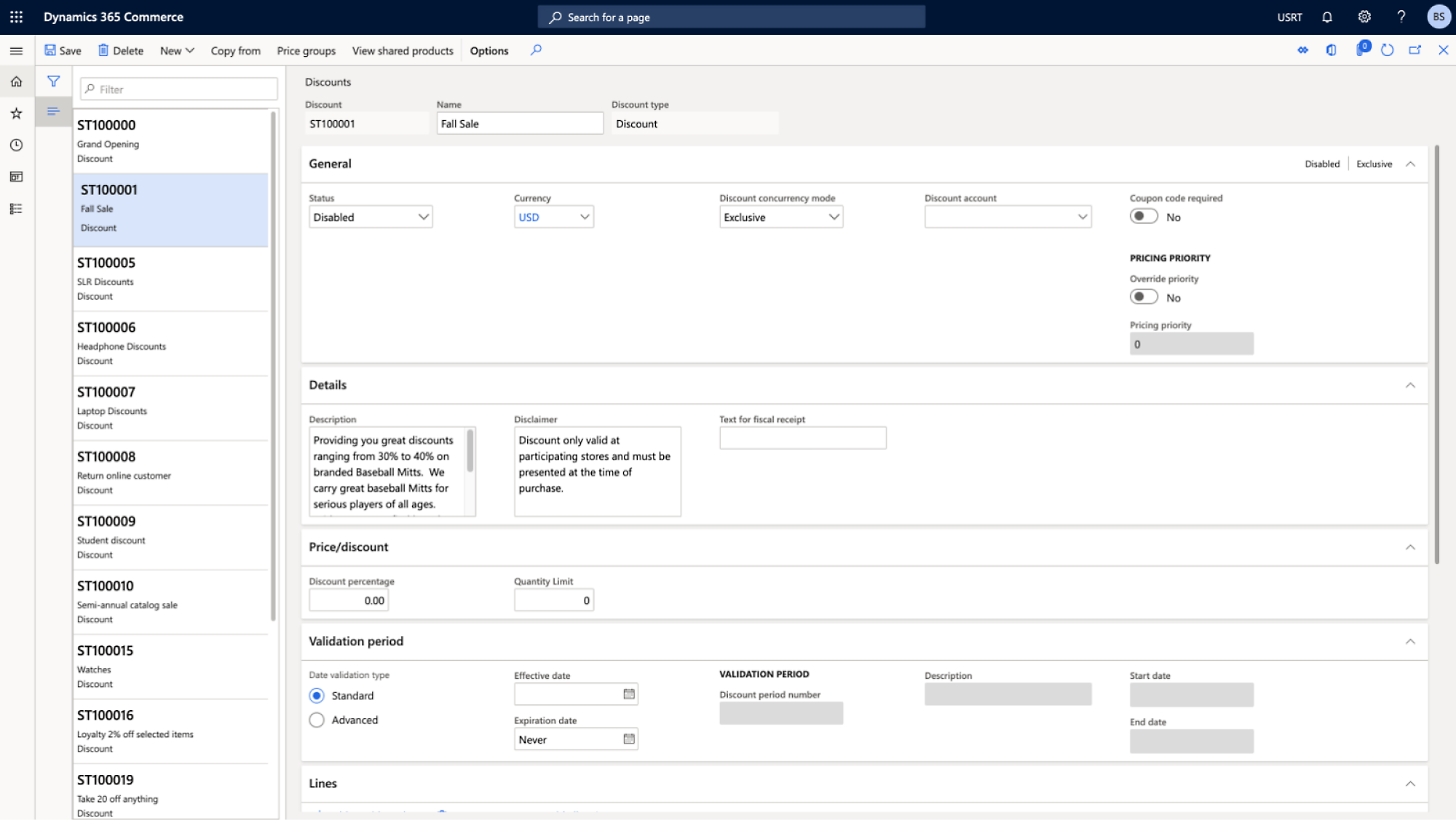 Dynamics 365 Commerce interface showing price groups, shared products, discounts, and validation period for promotions