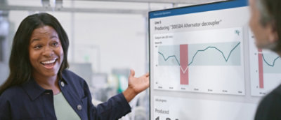 A woman presenting in a meeting with a man and digital screens displaying data in the background. A smiling woman gestures towards a screen displaying production data graphs 