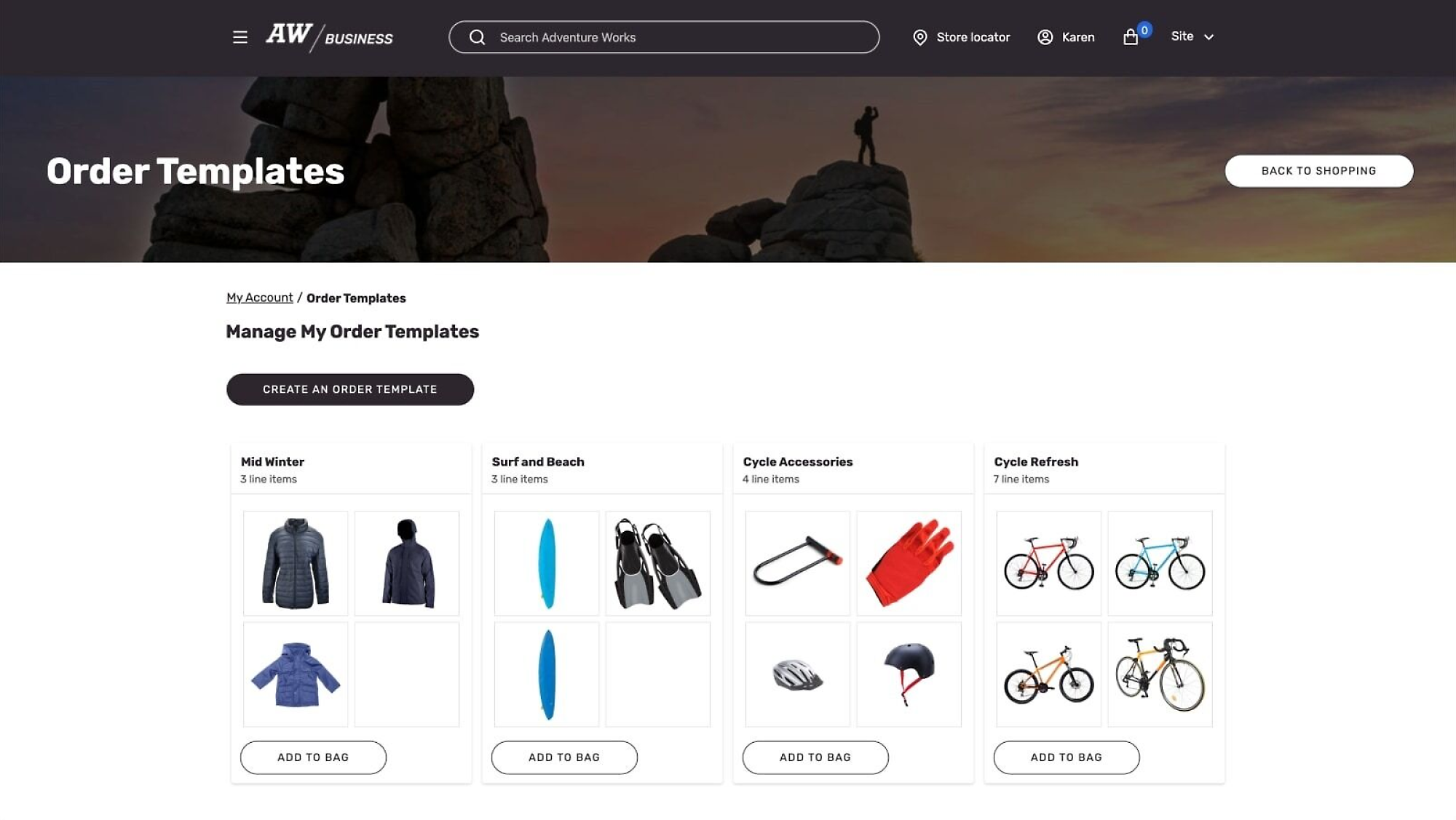 Adventure Works page showing order templates, shopping options, and add to bag buttons