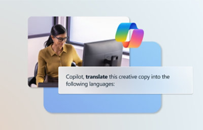 A woman sitting at a computer writing copy with text mentioning translation services.