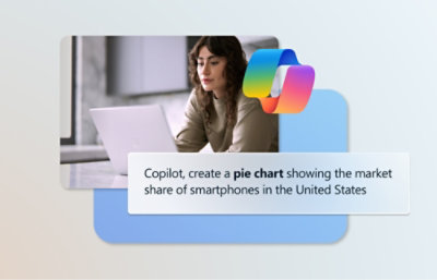 A woman looking down at a laptop displaying the text Copilot, create a pie chart showing the market share of smartphones in the United States.