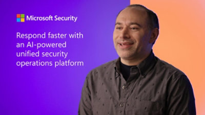 A man in a t-shirt with text: Respond faster with an AI-powered unified security operations platform