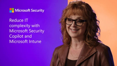 A women in a jacket with text: Reduce IT complexity with Microsoft Security Copilot and Microsoft Intune.