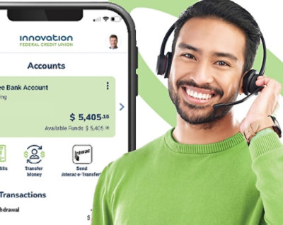 Smiling support agent beside mobile banking app screen