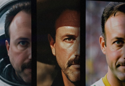 Close-up collage of a man's face with a mustache and beard