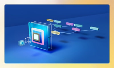 A close-up view of a computer chip on a blue background