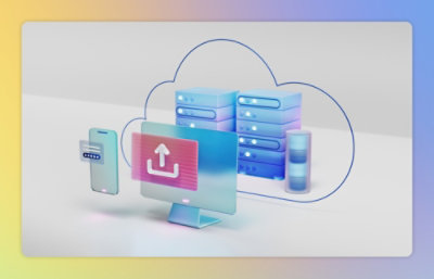 A graphic illustrating a computer and a phone in a cloud.