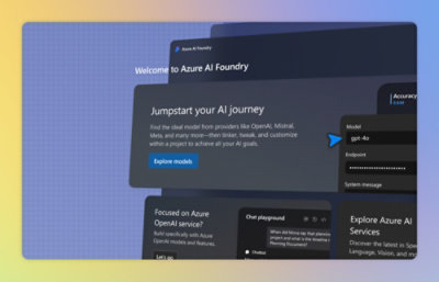 A computer screenshot displaying a blue square with a yellow border and text about Azure AI Foundry services.