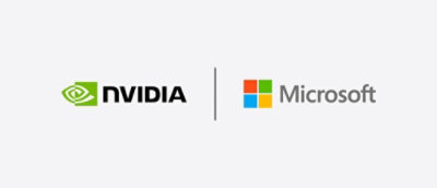 A close-up of black and orange NVIDIA and Microsoft logos.