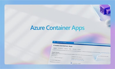 A computer screen with a blue and white screen displaying Azure Container Apps.