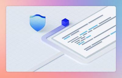 Computer security system with a blue shield and a white paper with blue and gray squares.