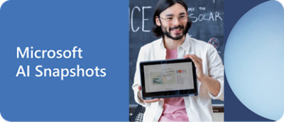 一个人手持平板电脑，在黑板前展示着一个网站设计。左侧文本显示“Microsoft AI 快照。