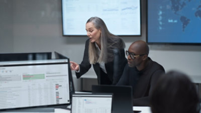 Žena ukazuje na stolní počítač