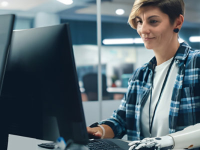 A woman with a prosthetic arm working intently on a computer in a modern office environment.