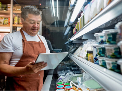 A man in an apron looking at a tablet.