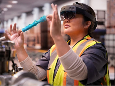 A woman wearing a safety vest and goggles.