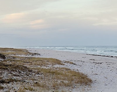 Uma praia de areia com um corpo de água sob um céu azul com nuvens.