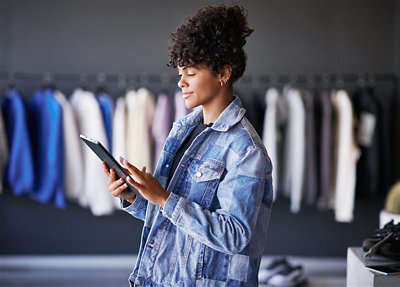 Arka planda renkli giysilerin asılı olduğu bir giyim mağazasında tablet kullanan kot ceket giymiş bir kişi.