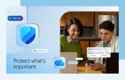 Imagem de segurança digital com um ícone de escudo azul e fotografia inserida de duas pessoas numa cozinha a utilizar um telemóvel, com etiquetas “Password protected” e “Encrypted”.