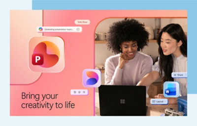 Duas pessoas a colaborar numa secretária com um portátil, a promover ferramentas criativas com a mensagem “Bring your creativity to life”.