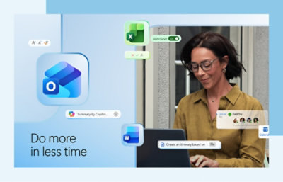 Mulher a trabalhar num portátil, rodeada de ícones e textos a promover ferramentas de produtividade como o Outlook, Excel e Word, com a mensagem “Do more in less time”.