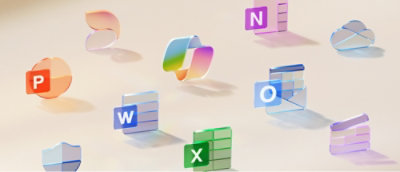 App icons for PowerPoint, Defender, Designer, Word, Copilot, Excel, OneNote, Outlook, OneDrive and Clipchamp on a tan background 