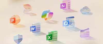 Icônes flottantes de l’application Microsoft Office sur un fond bleu clair.