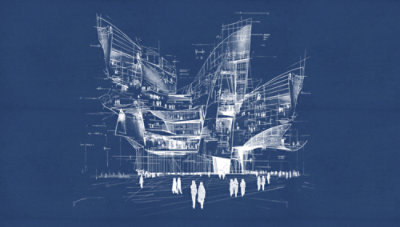 An architectural concept line art drawing