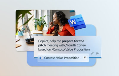Recorte de pantalla de un chat sobre una reunión de presentación con Fourth Coffee basada en la propuesta de valor de Contoso.