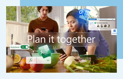 A man and woman looking at a phone and a tablet.