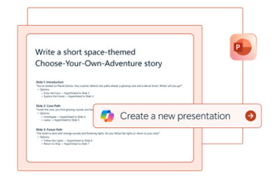 A computer screen displaying text prompts for creating a story or presentation.