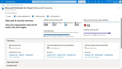 A screenshot of the Microsoft Defender for Cloud dashboard, specifically the "Data and AI security overview.