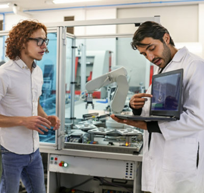 Due uomini in camice da laboratorio che guardano un portatile.