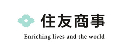A black and white sign displaying text and a symbol with the words 住友商事 Enriching lives and the world.