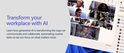 A group of people seated in a room with text about workplace transformation through AI displayed on screen.