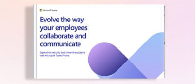A white background featuring blue and purple shapes, blue text, and the phrase Evolve the way your employees collaborate and communicate.