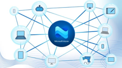 A blue logo with white text that reads Microsoft Intune.