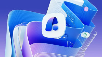 A close-up of a blue and white logo with the letter E.