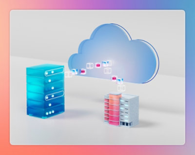 A blue cloud with white and pink squares symbolizing cloud computing.