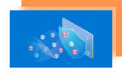 Ekran komputerowy, na którym jest wyświetlana ikona tarczy oraz białe i czerwone sześciany na niebieskim tle.