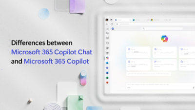 Pantalla de ordenador que muestra texto sobre las diferencias entre Microsoft 365 Copilot Chat y Microsoft 365 Copilot.