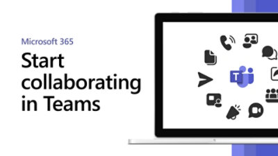 Banner de Microsoft 365 con "Empieza a colaborar en Teams" junto a un portátil que muestra iconos de Teams para chat, archivos, reuniones y alertas.