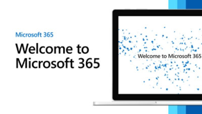 Pantalla de portátil que muestra el texto Bienvenido a Microsoft 365.
