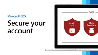 Mensaje de Microsoft 365 "Protege tu cuenta" junto a un portátil que muestra iconos de escudo rojo, destacando la protección de identidad y datos.