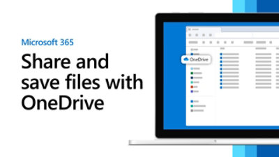 Banner de Microsoft 365 con el texto "Comparte y guarda archivos con OneDrive" junto a un portátil que muestra la interfaz de OneDrive.