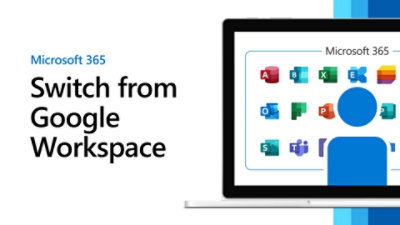 Anuncio de Microsoft 365 con el texto "Cambia de Google Workspace" junto a un portátil que muestra iconos de aplicaciones de Microsoft en pantalla.