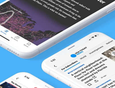 Three smartphones on a blue background, each displaying news articles