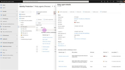 Microsoft Entra admin center showing Identity Protection dashboard and detailed view of a risky agent with risk levels and detection types.