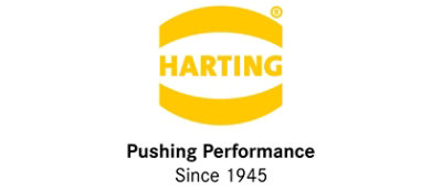 En gul logo med teksten «HARTING Pushing Performance Since 1945» på hvit bakgrunn