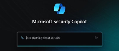 En digital skærm med logoet for "microsoft security copilot" og en brugergrænsefladeprompt, hvor der står